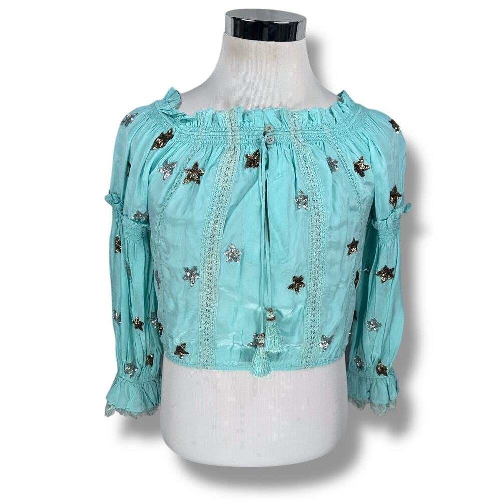 Rococo Sand Off Shoulder Cropped Top Women’s XS Aqua Blue Sequin Stars‎ Peekaboo